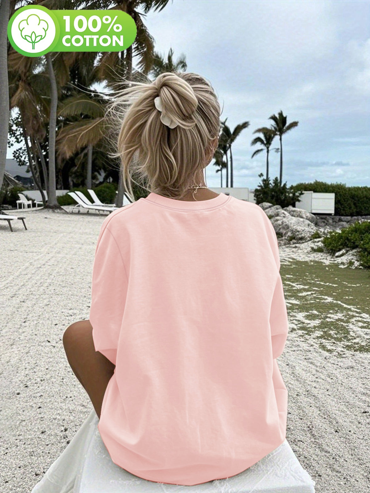 T-shirt grande taille, col rond, manches longues, toucher naturel, gros plan