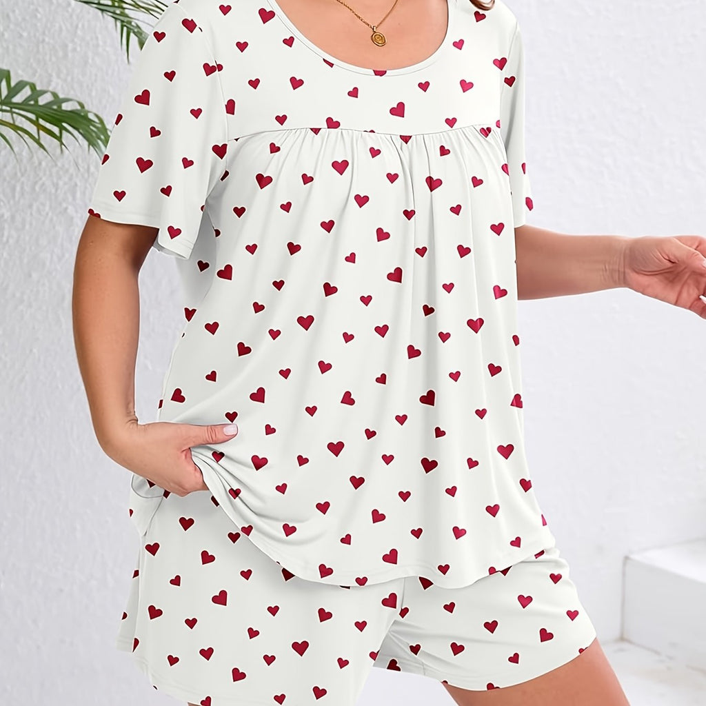 Pyjama grande taille à imprimé fleuri, manches courtes — matière : polyester