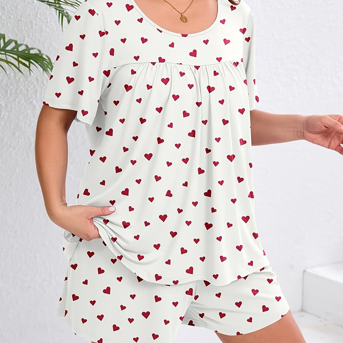 Pyjama grande taille à imprimé fleuri, manches courtes — matière : polyester