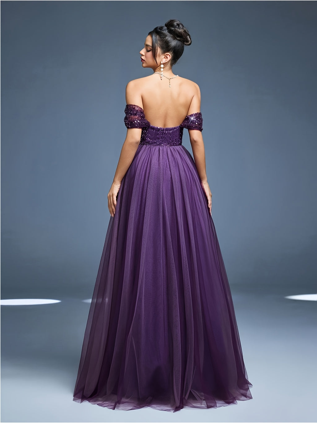 Robe de soirée grande taille — Tulle violet sequins perlés