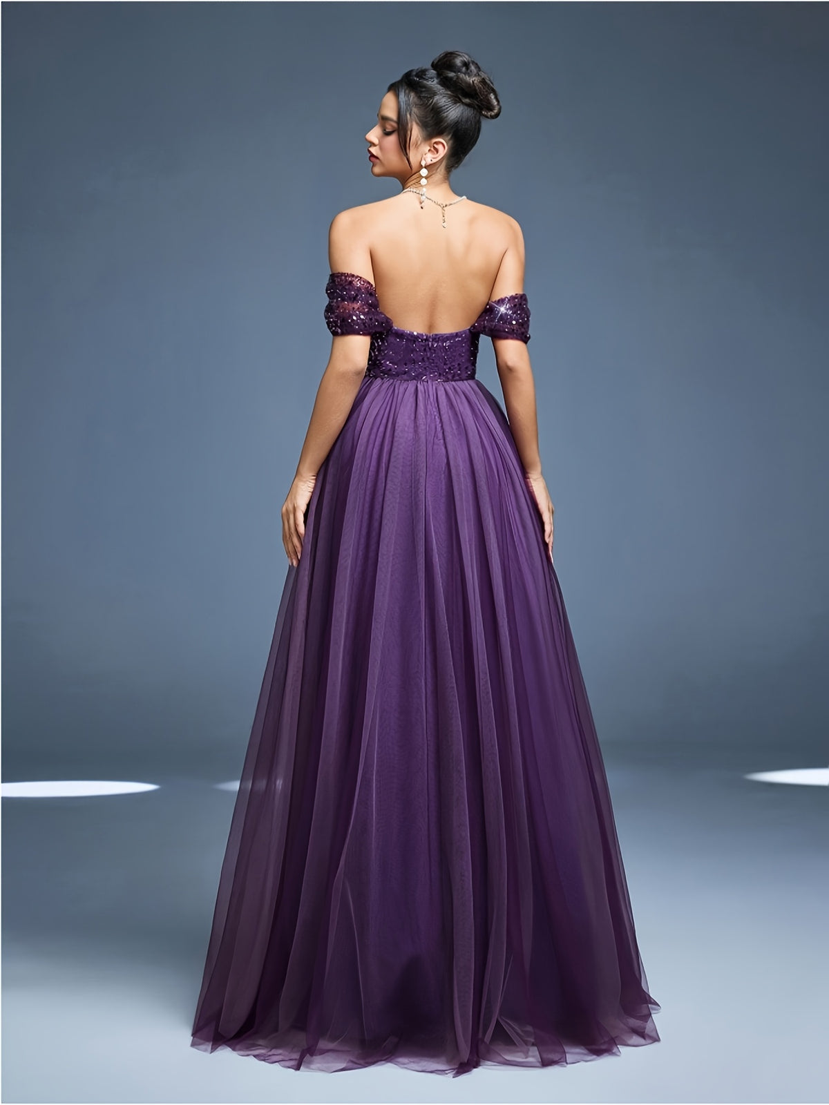 Robe de soirée grande taille — Tulle violet sequins perlés