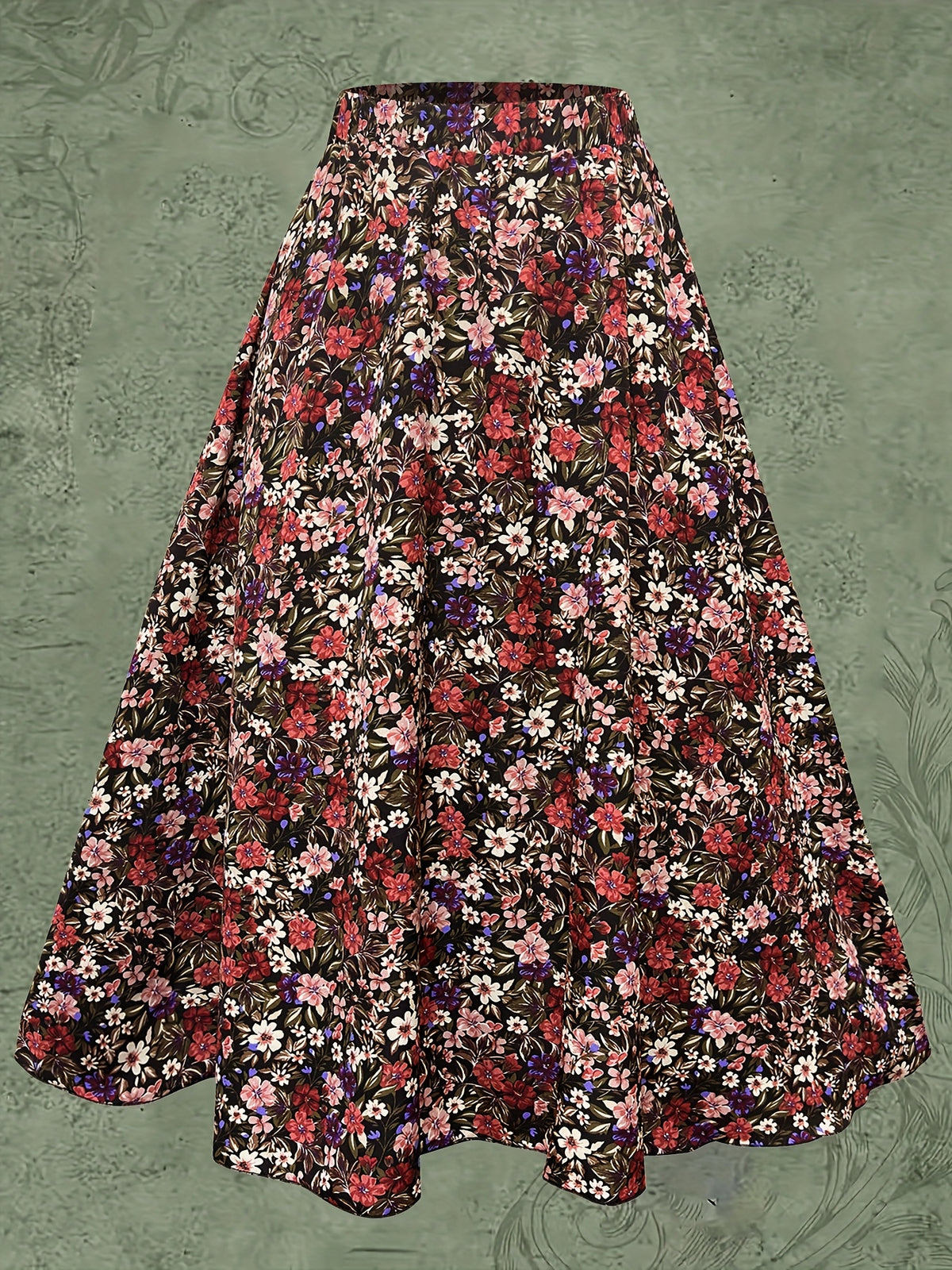 Jupe grande taille à imprimé fleuri, coupe évasée, allure élégante, porté de face