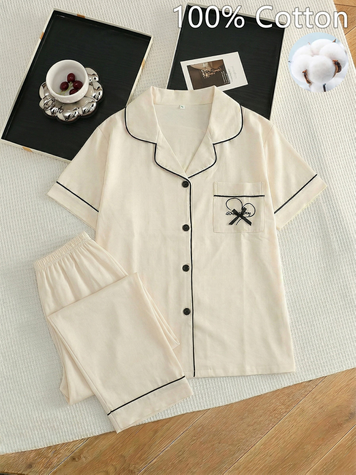 Pyjama grande taille à broderies, manches courtes, toucher naturel, vu de dos