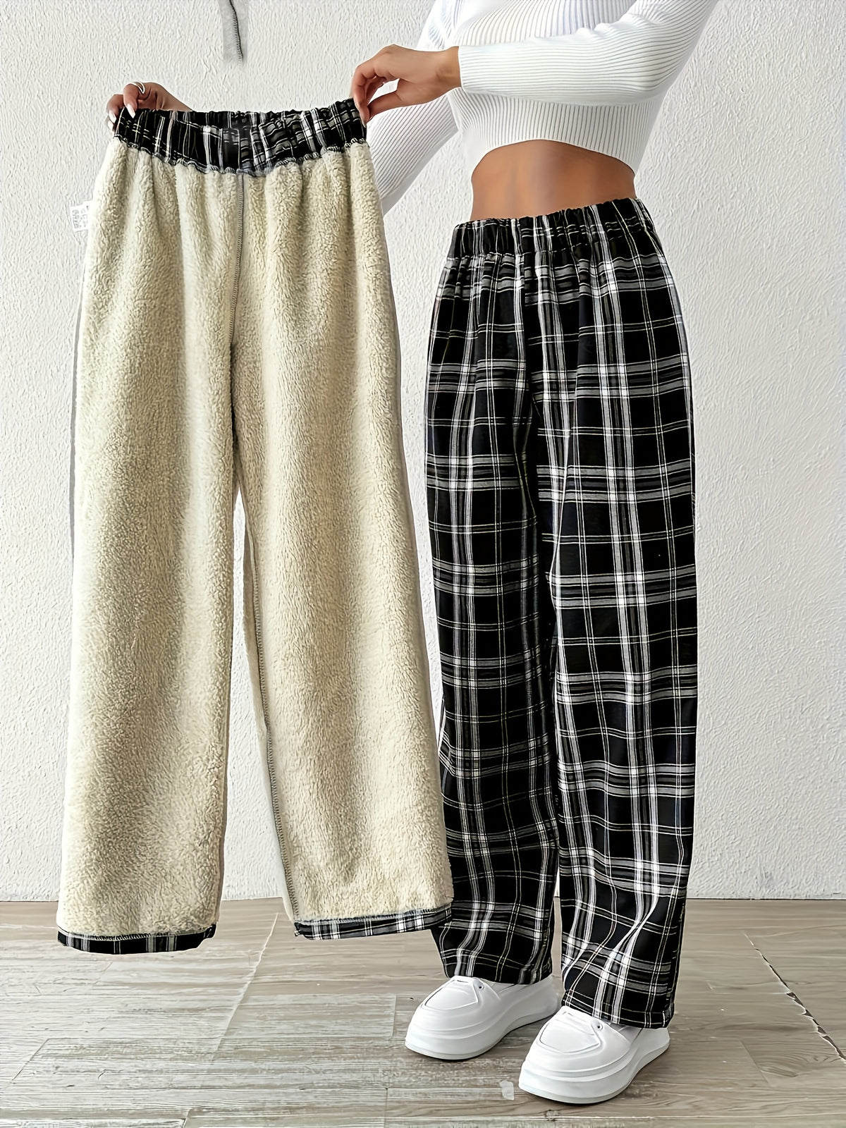 Pantalon grande taille à carreaux, coupe droite, chaleur d'hiver Image