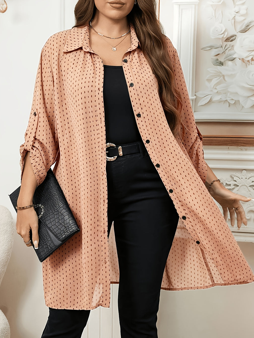 Chemise grande taille à pois, col polo, visuel produit
