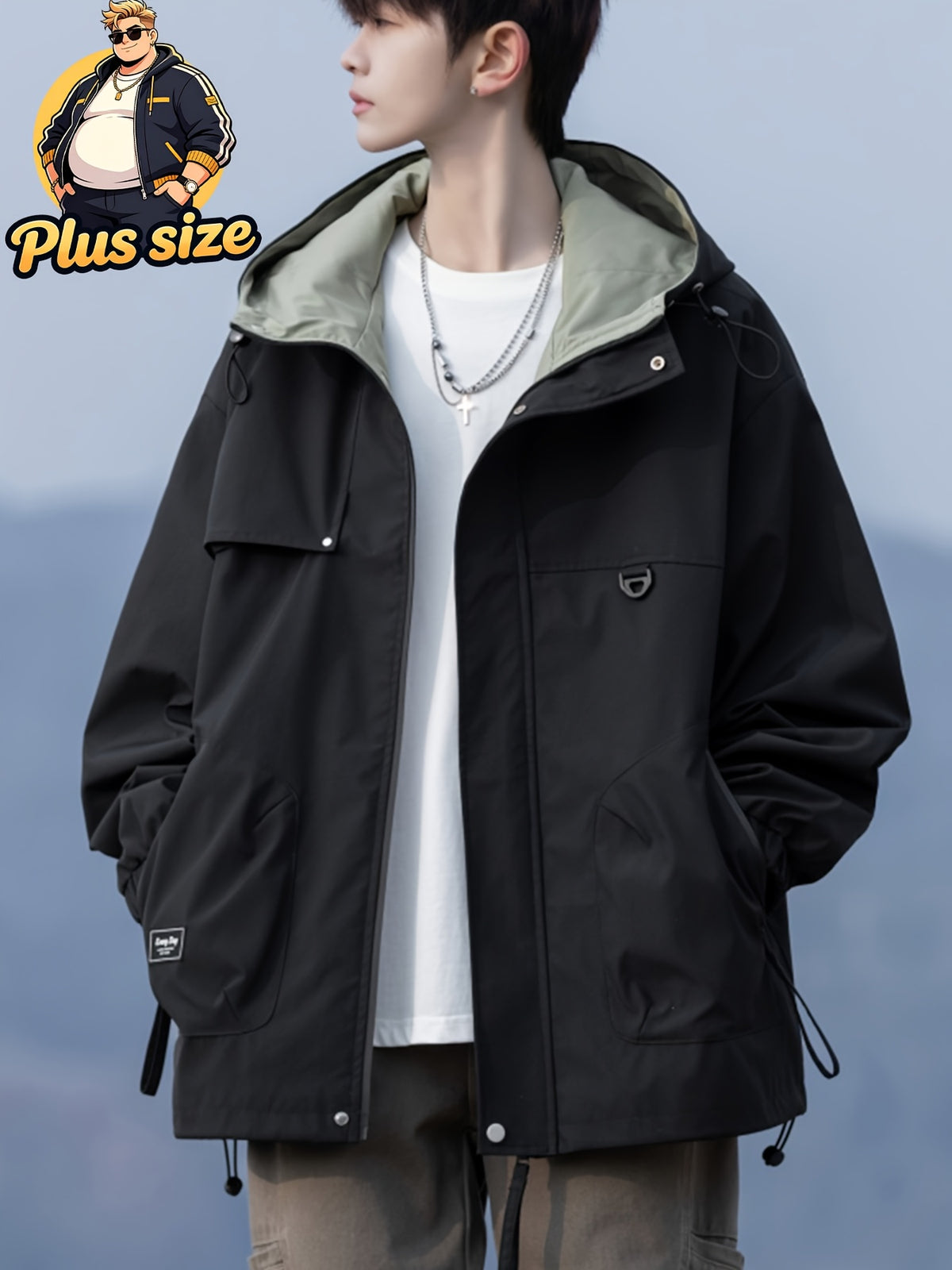 Veste grande taille, coupe ample, poches pratiques, coupe-vent, gros plan