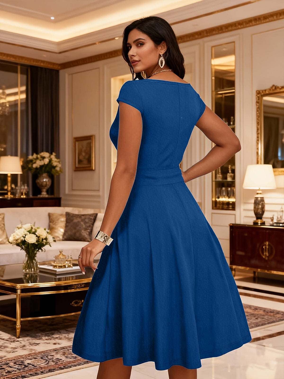 Robe midi grande taille — Buste froncé et jupe cercle au genou