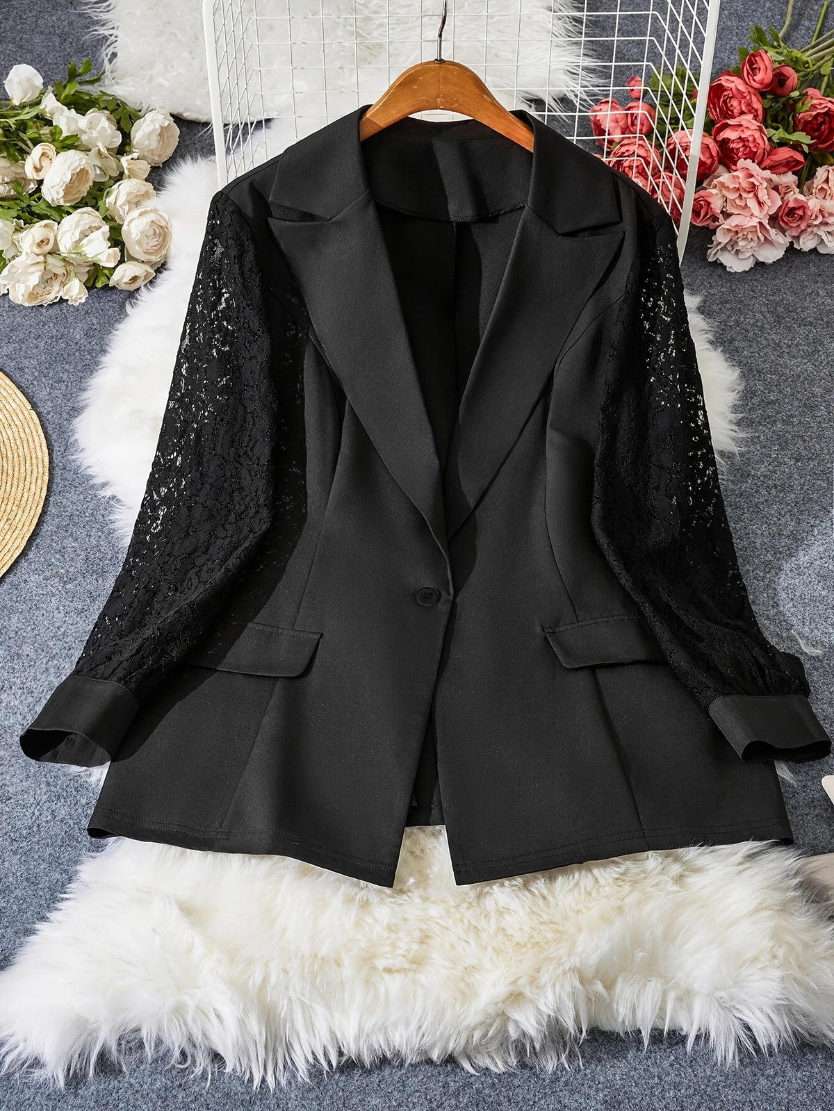 Blazer grande taille en dentelle, effet ajouré, chaleur d'hiver