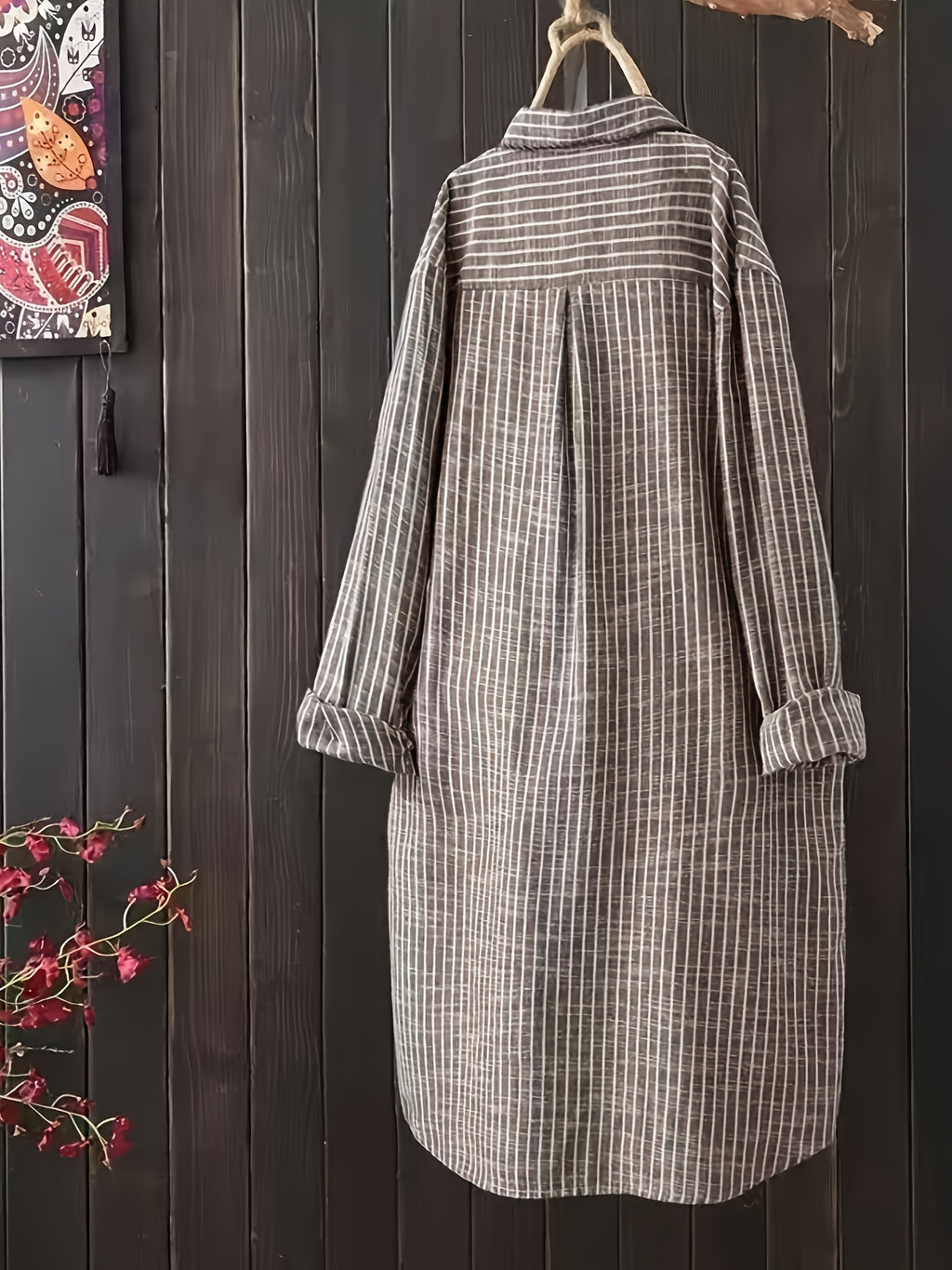 Chemise grande taille à rayures, coupe ample, col à revers, boutonnage — composition : 100% Polyester