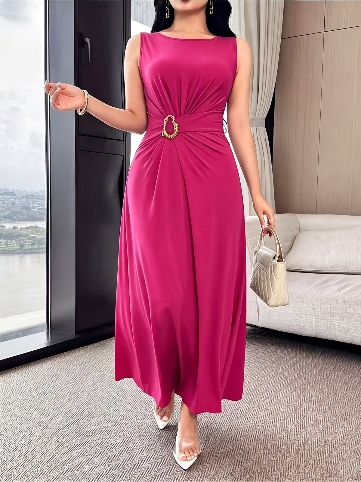 Robe longue grande taille — Bleu canard, anneau doré à la taille
