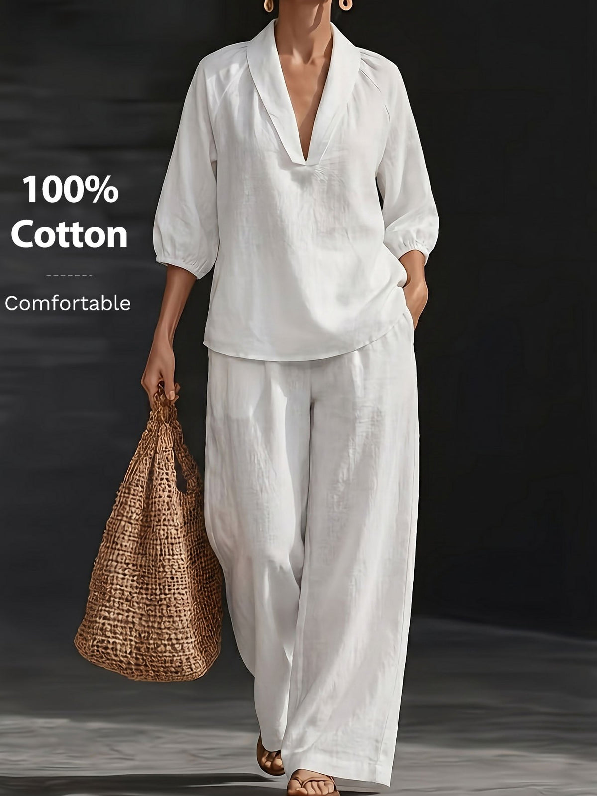 Ensemble grande taille, coupe ample, poches pratiques, toucher naturel, détail du tissu