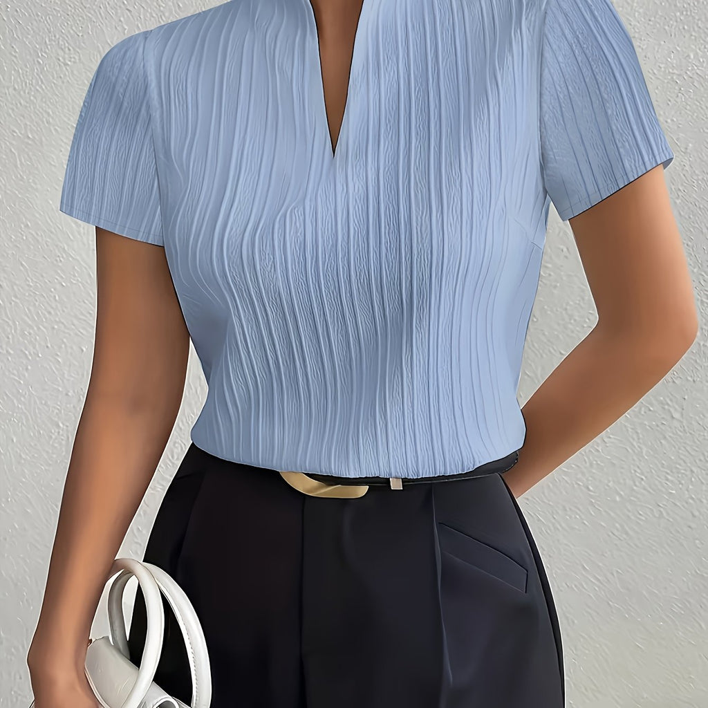 Chemise grande taille, col V, manches courtes, tissu opaque