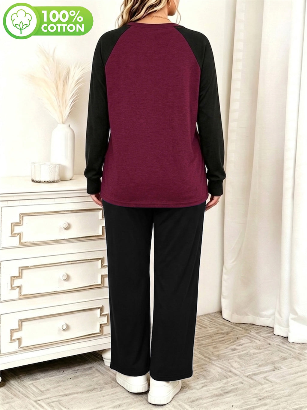 Ensemble grande taille, coupe ample, manches longues, toucher naturel, porté de face
