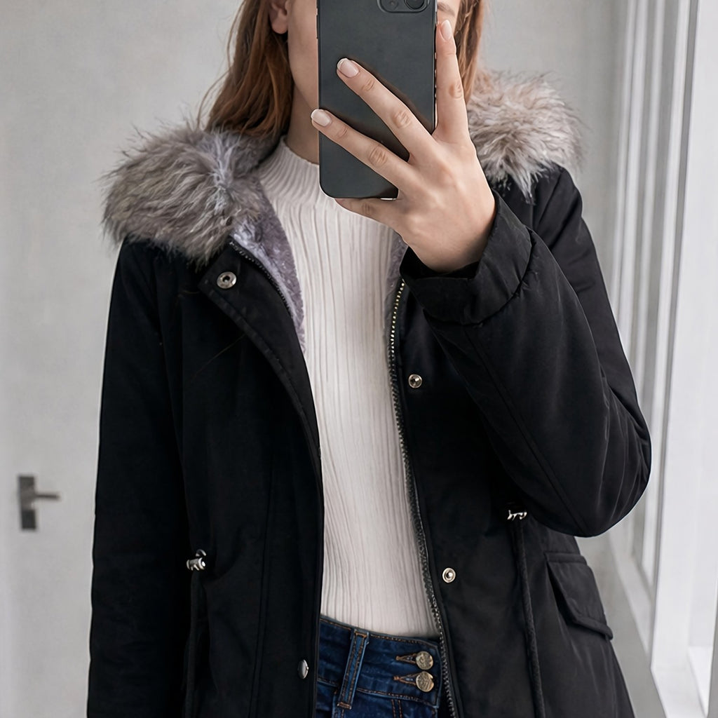 Manteau grande taille, cordon de serrage, capuche, chaleur d'hiver — matière : polyester
