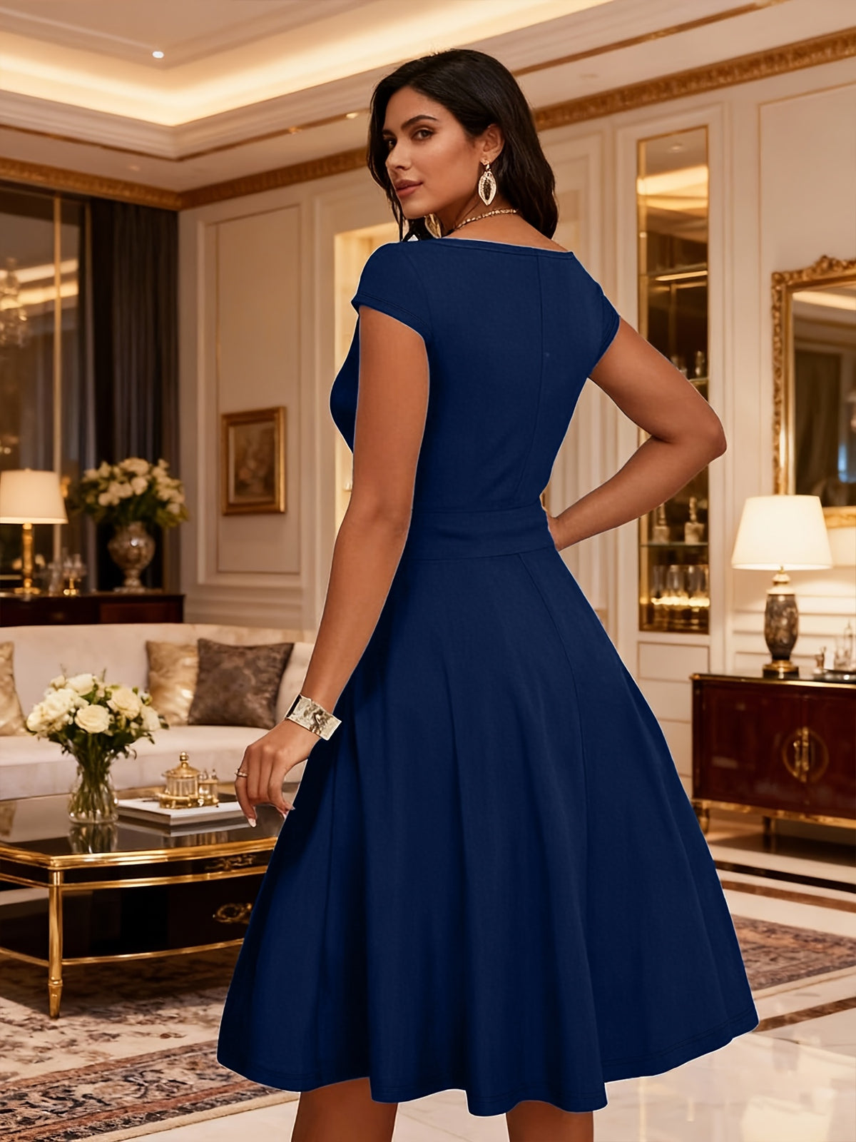 Robe midi grande taille — Buste froncé et jupe cercle au genou