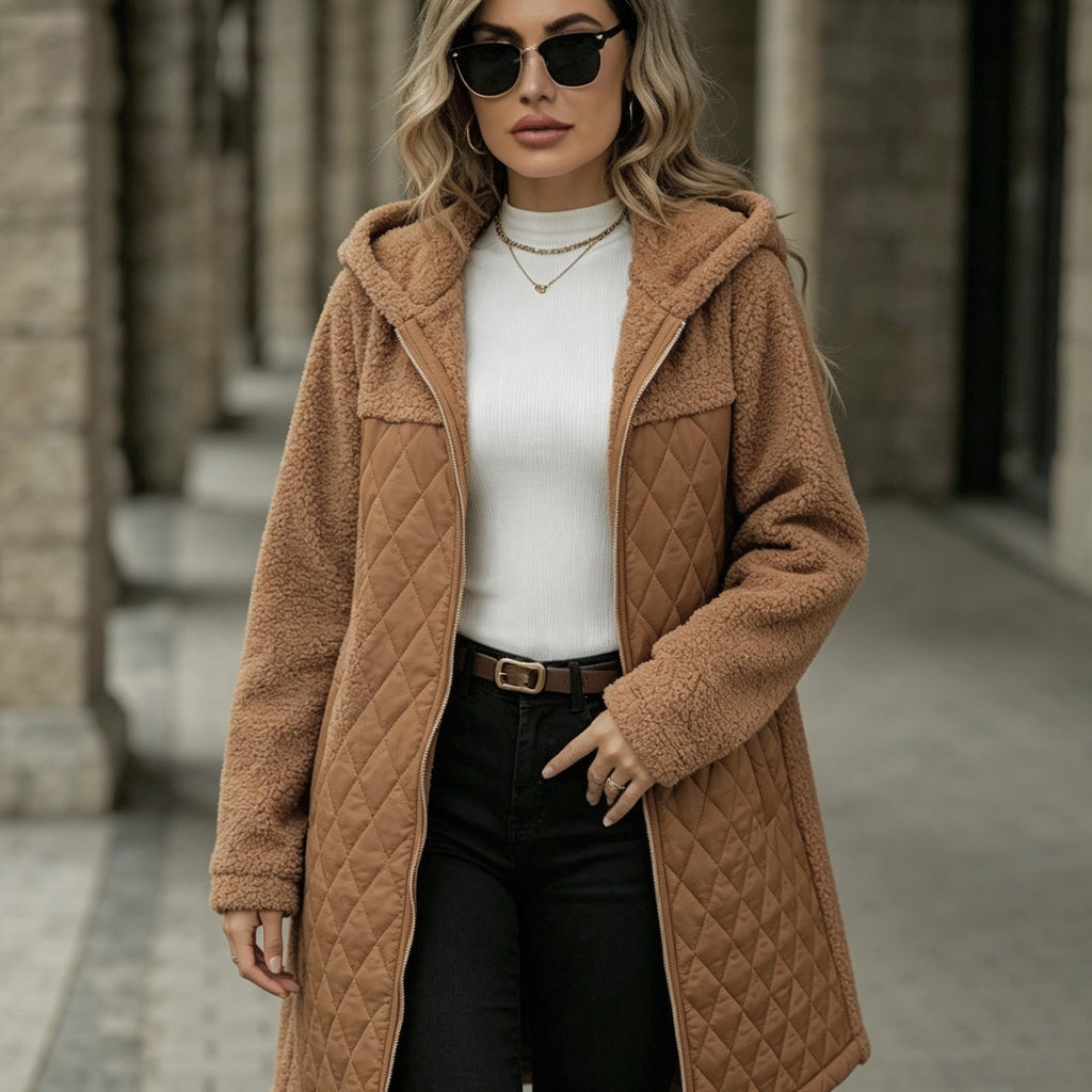 Manteau grande taille, coupe ample, fermeture zippée, capuche — matière : polyester