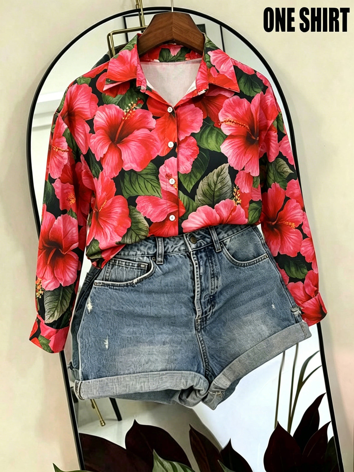 Chemise grande taille à imprimé fleuri, coupe ample, col — matière : polyester Image