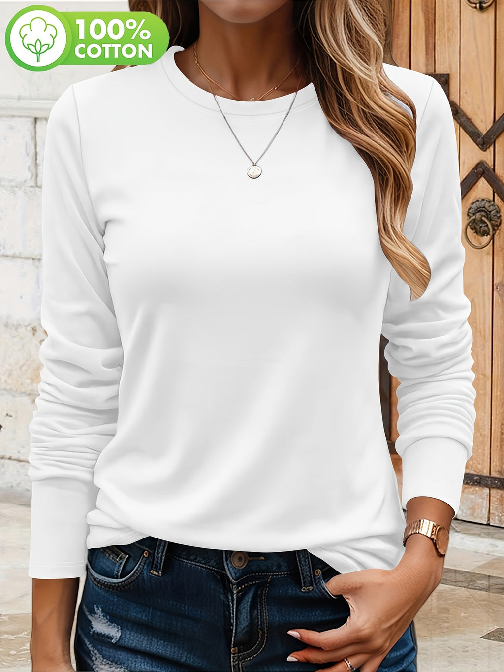 T-shirt grande taille, col rond, manches longues, toucher naturel, vue de profil