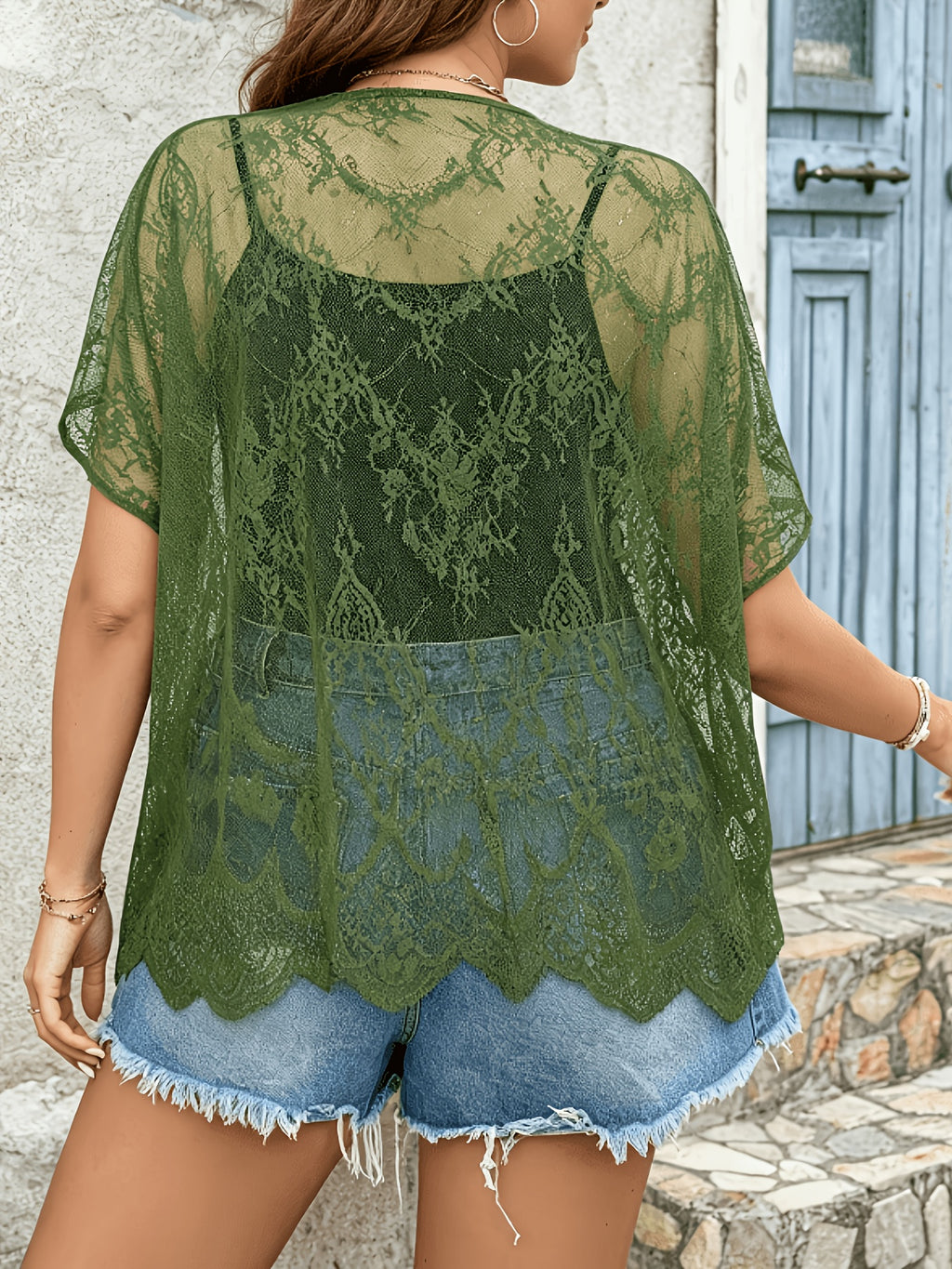 Cardigan grande taille en dentelle, manches courtes, effet ajouré