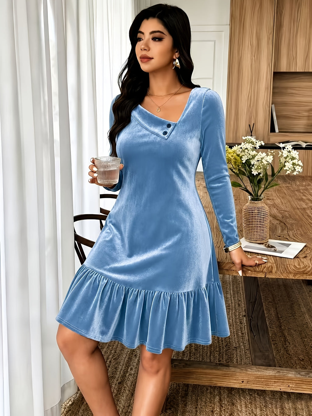 Robe grande taille en velours, coupe ample, volants, toucher profond