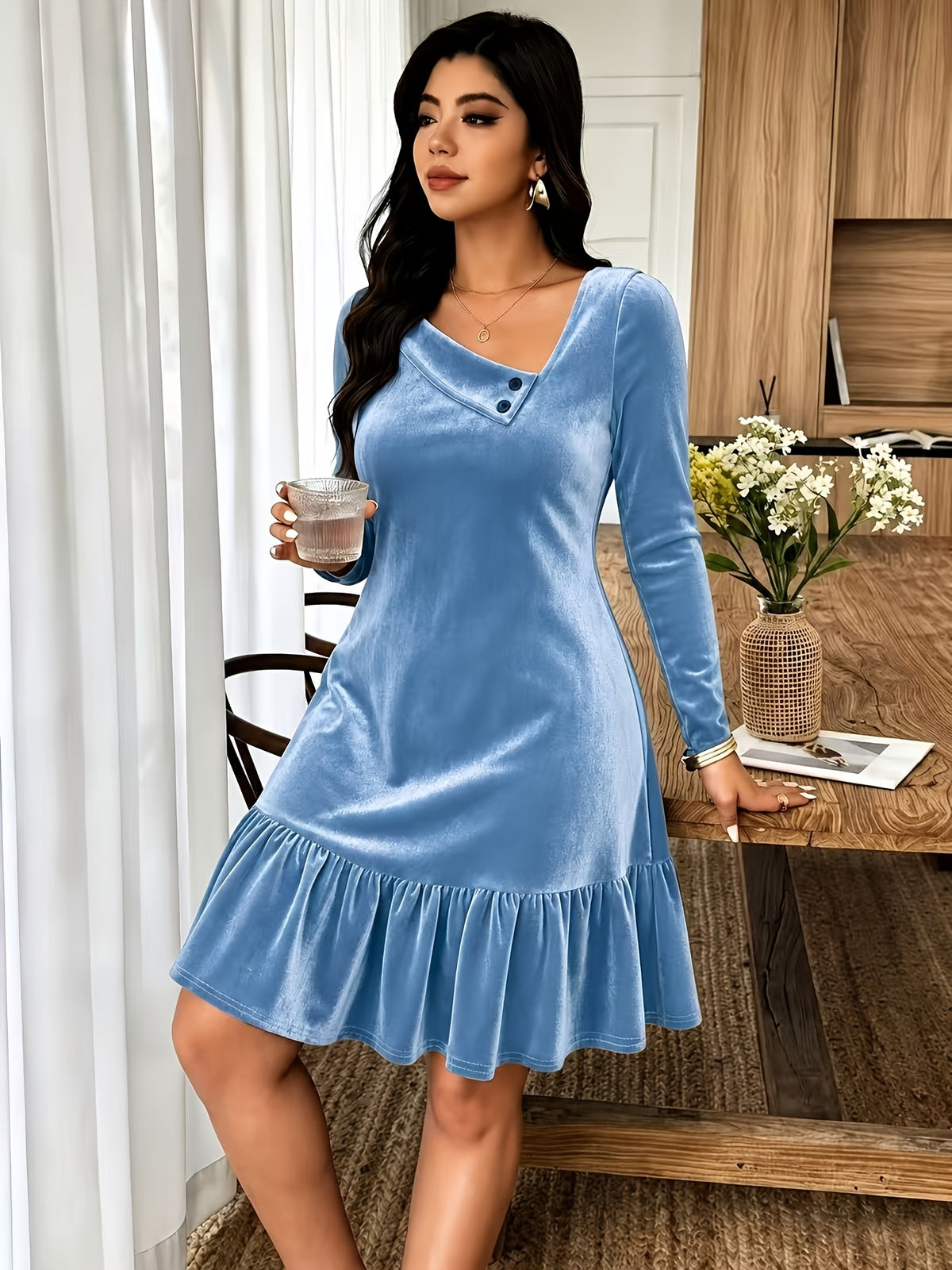 Robe grande taille en velours, coupe ample, volants, toucher profond
