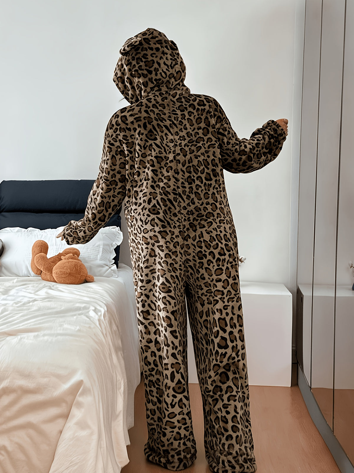 Pyjama grande taille à imprimé léopard, capuche, chaleur d'hiver, tissu opaque