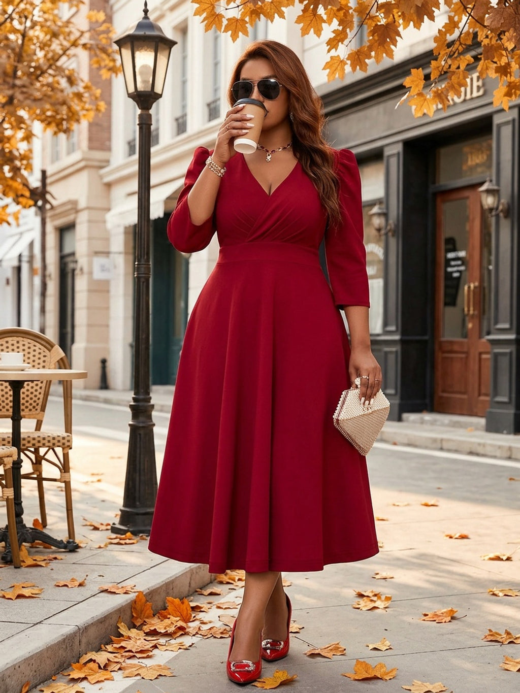 Robe patineuse grande taille — Crêpe extensible manches 3/4