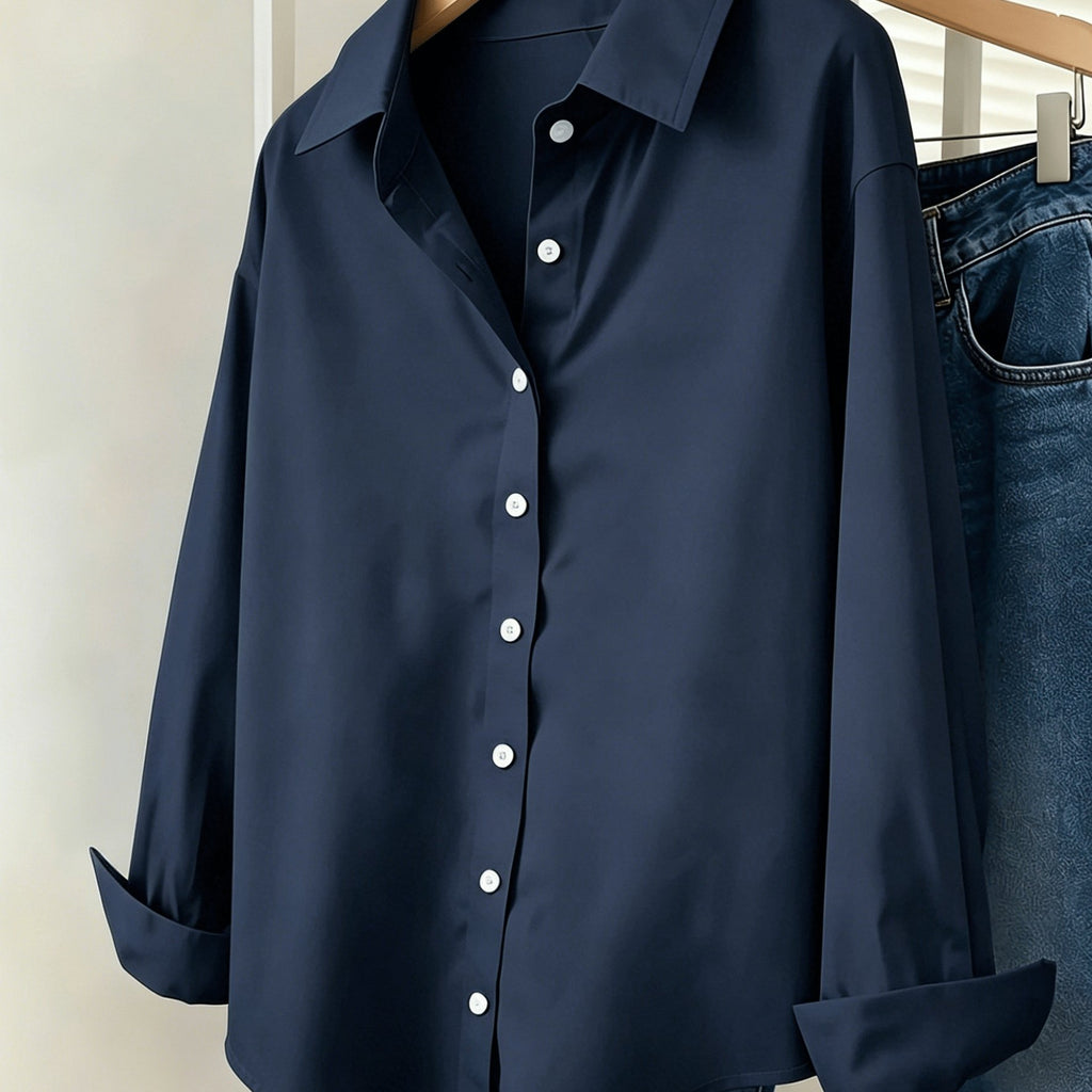 Chemise grande taille, col à revers, boutonnage, allure élégante, porté de face