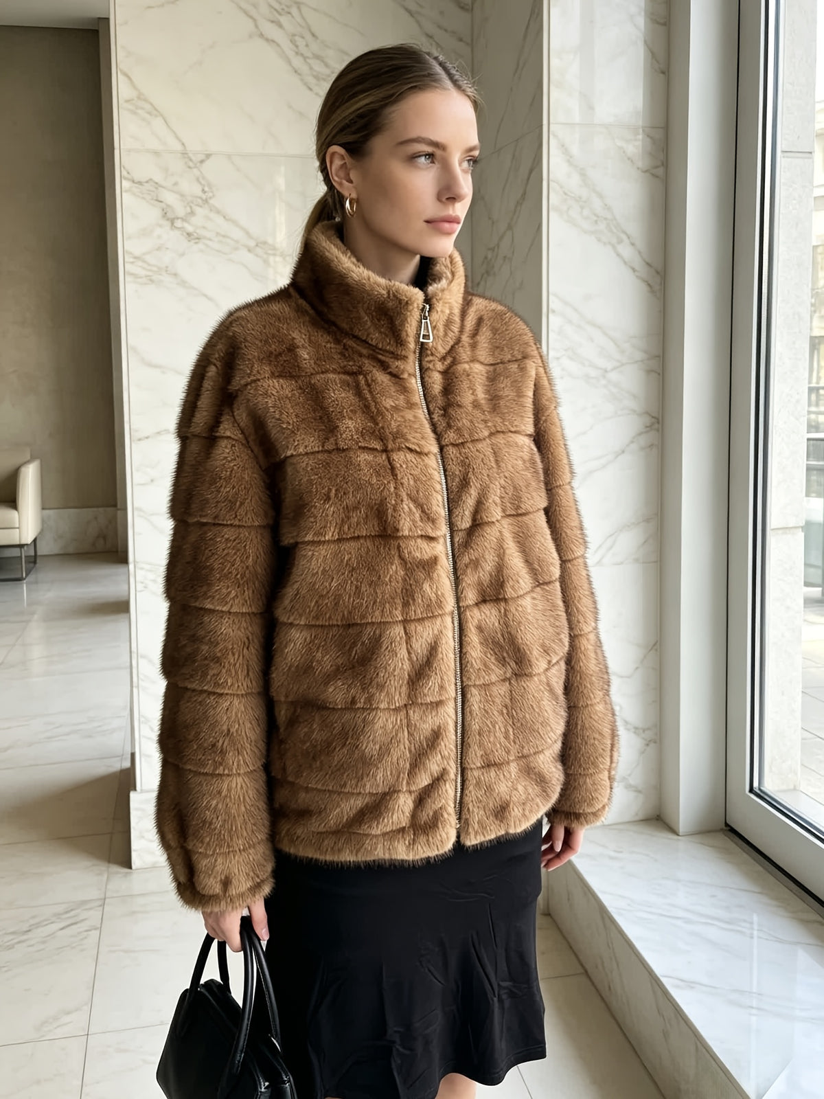 Top grande taille en sherpa, coupe ample, toucher doudou, chaleur d'hiver, mise en situation