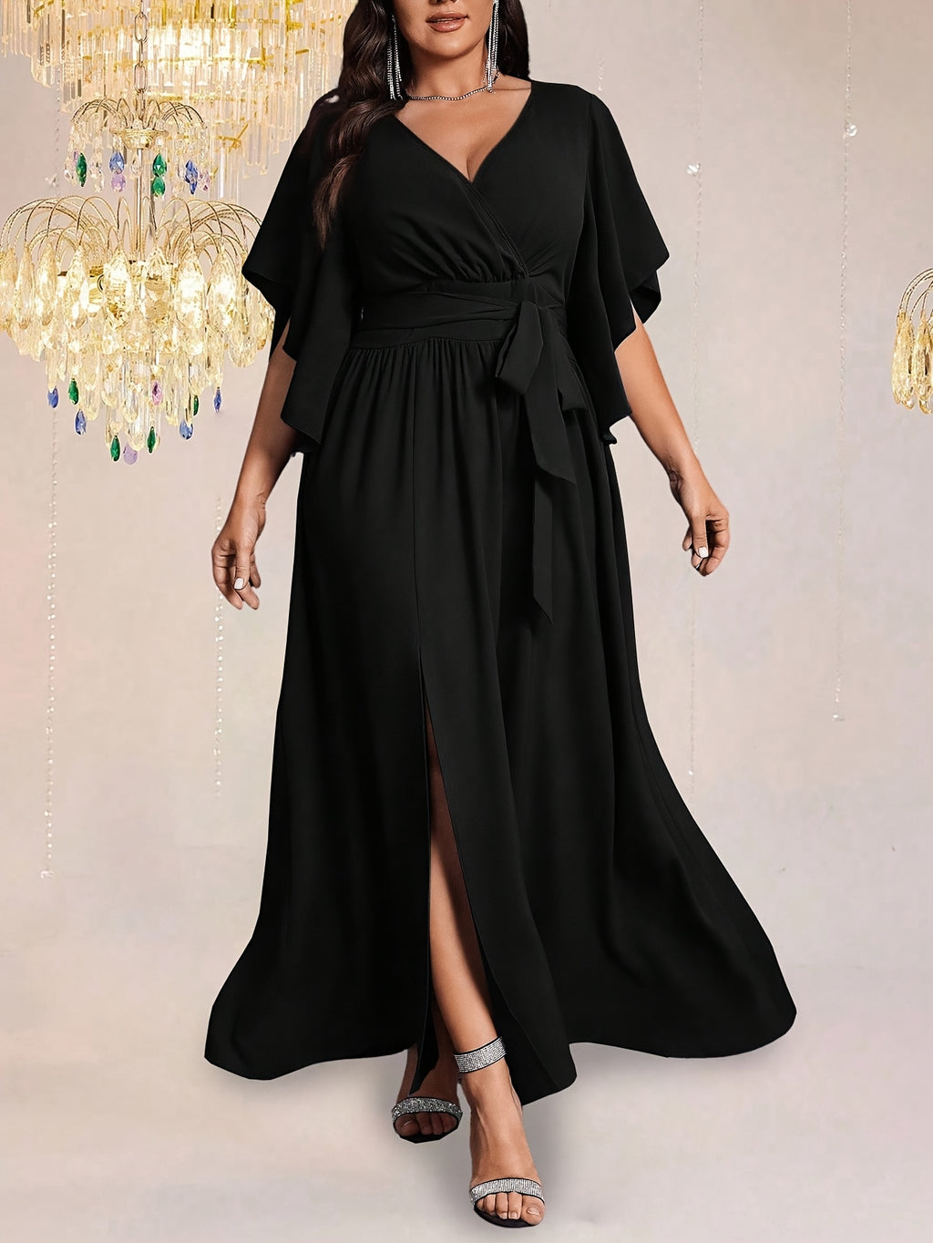 Robe de soirée grande taille — Fente frontale et nœud de taille