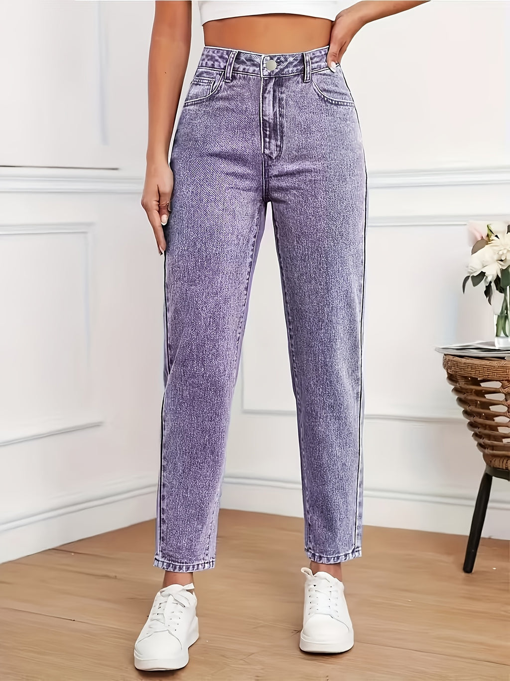 Pantalon grande taille, coupe droite, tenue franche — composition : 70% Coton, 28% Polyester, 2% Élasthanne