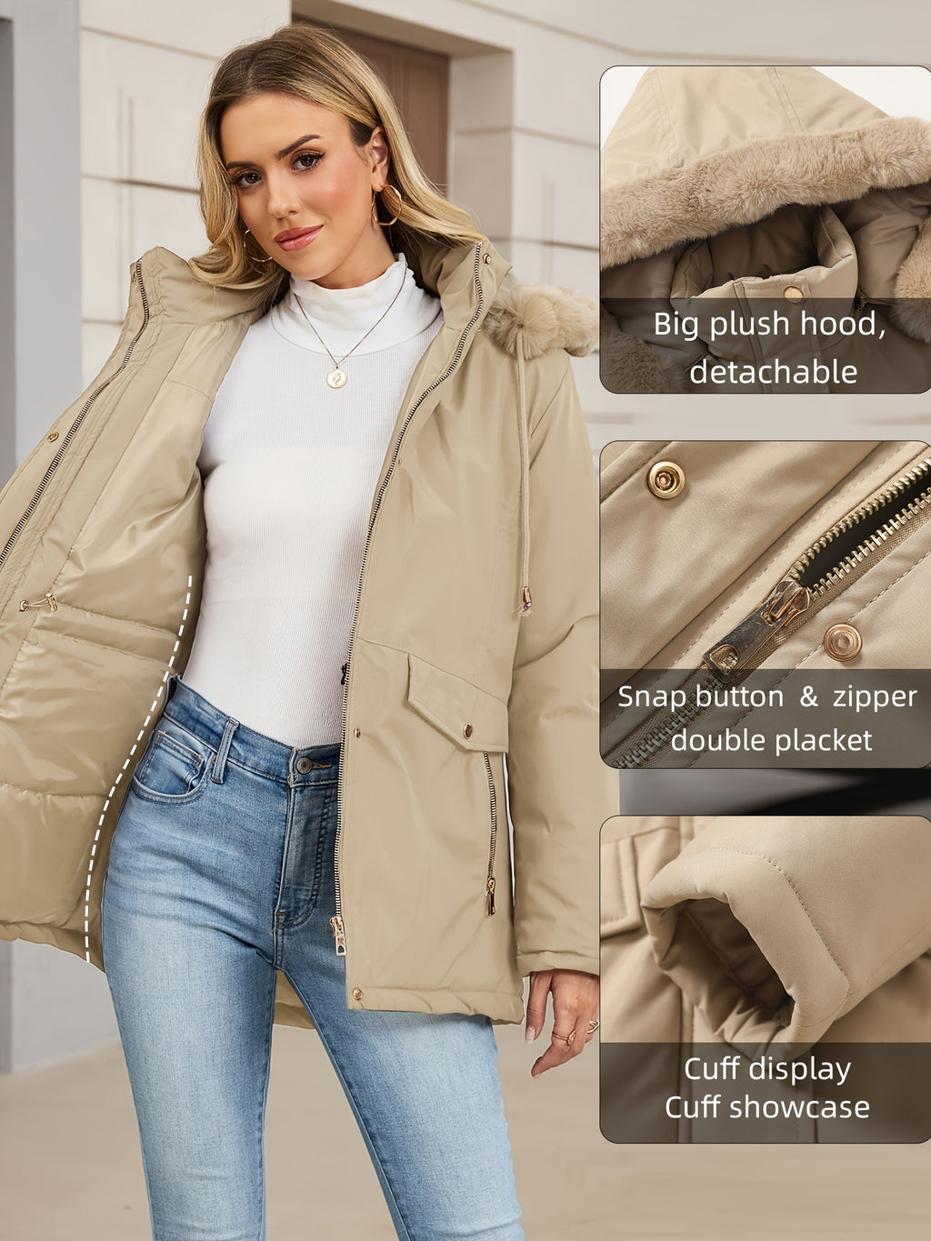 Veste grande taille, coupe oversize, longueur midi, capuche, visuel produit