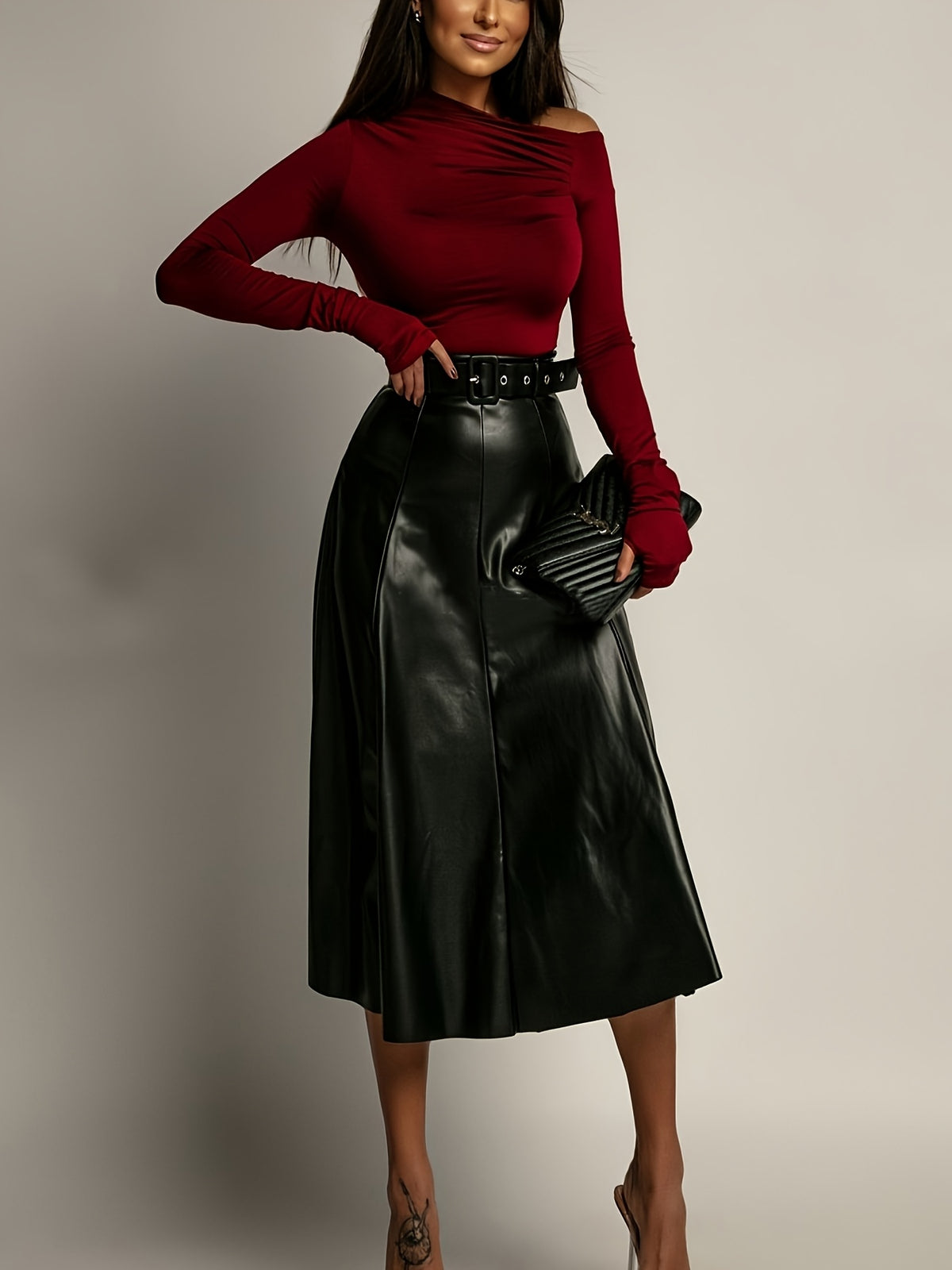 Jupe grande taille en cuir synthétique, ceinture assortie, allure cuir Image