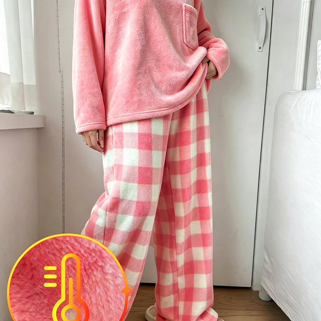 Pyjama grande taille à carreaux, chaleur d'hiver, esprit décontracté — matière : polyester