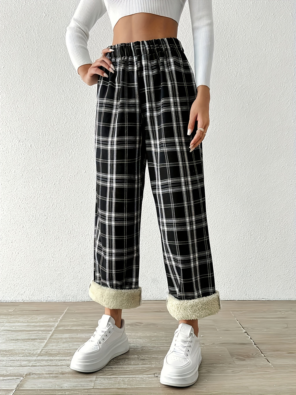 Pantalon grande taille à carreaux, coupe droite, chaleur d'hiver, vu de dos