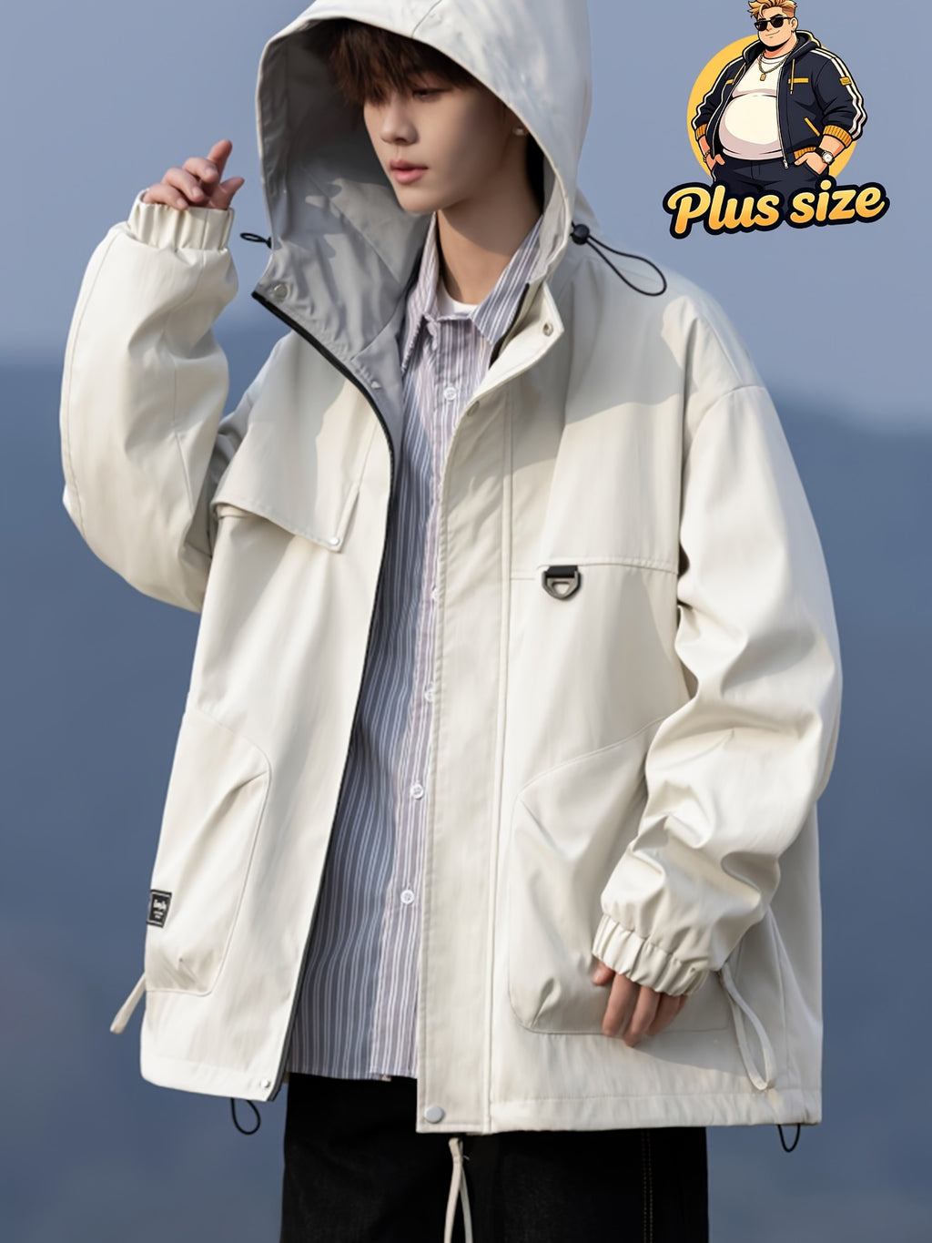 Veste grande taille, coupe ample, poches pratiques, coupe-vent, mise en situation