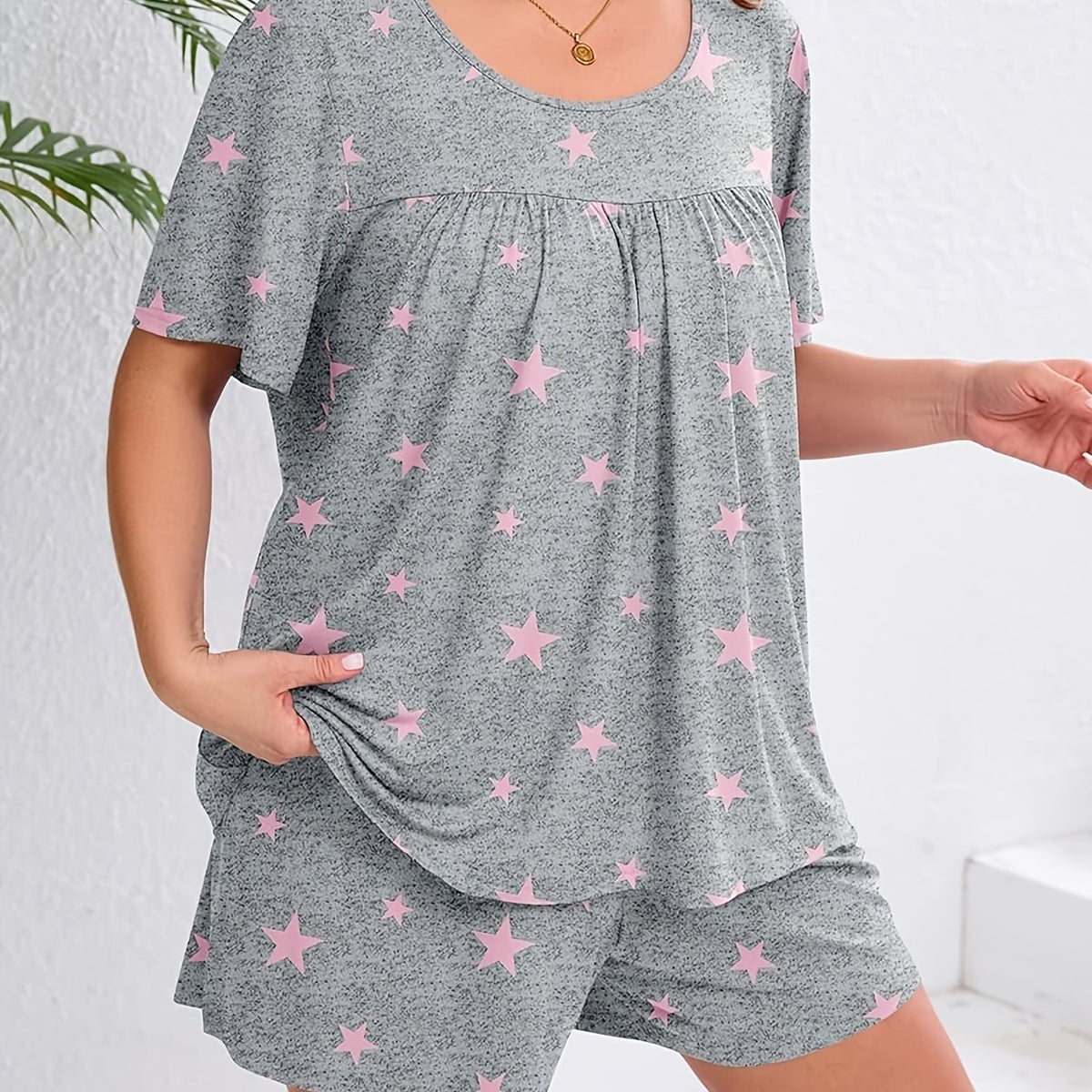 Pyjama grande taille à imprimé fleuri, manches courtes, tissu opaque