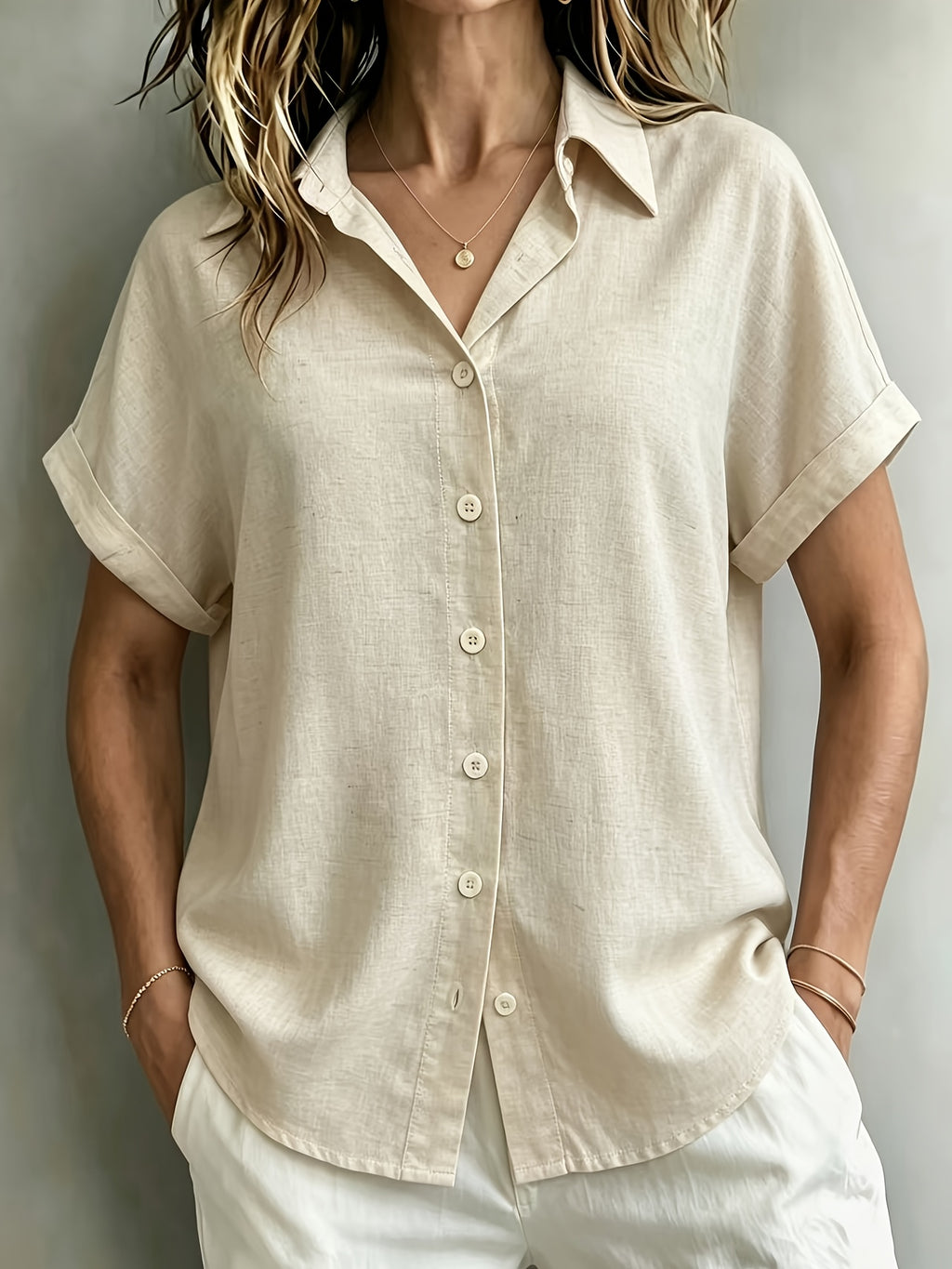 Chemise grande taille en lin, coupe ample, manches courtes, tenue souple