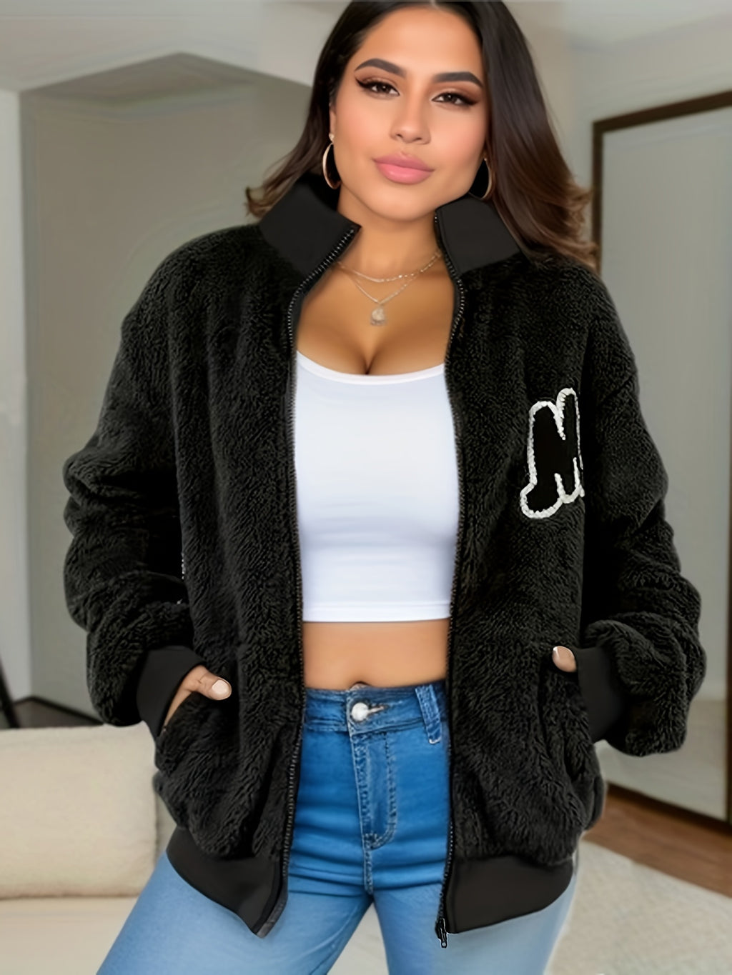 Veste grande taille, col roulé, fermeture zippée, chaleur d'hiver
