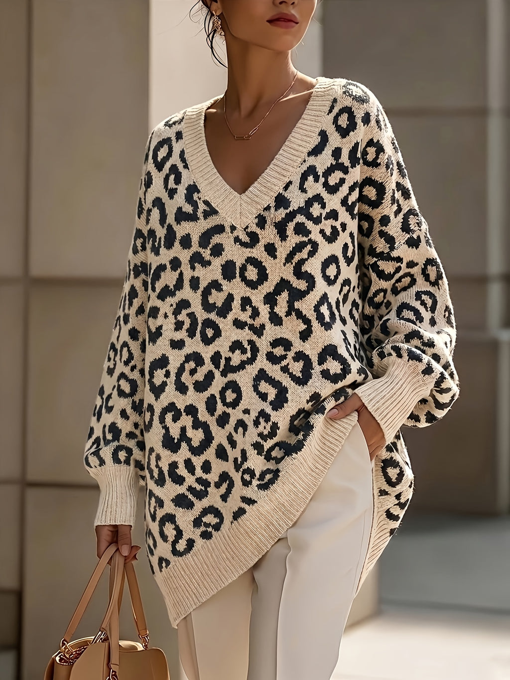 Pull grande taille à imprimé léopard, coupe oversize, col V, manches longues