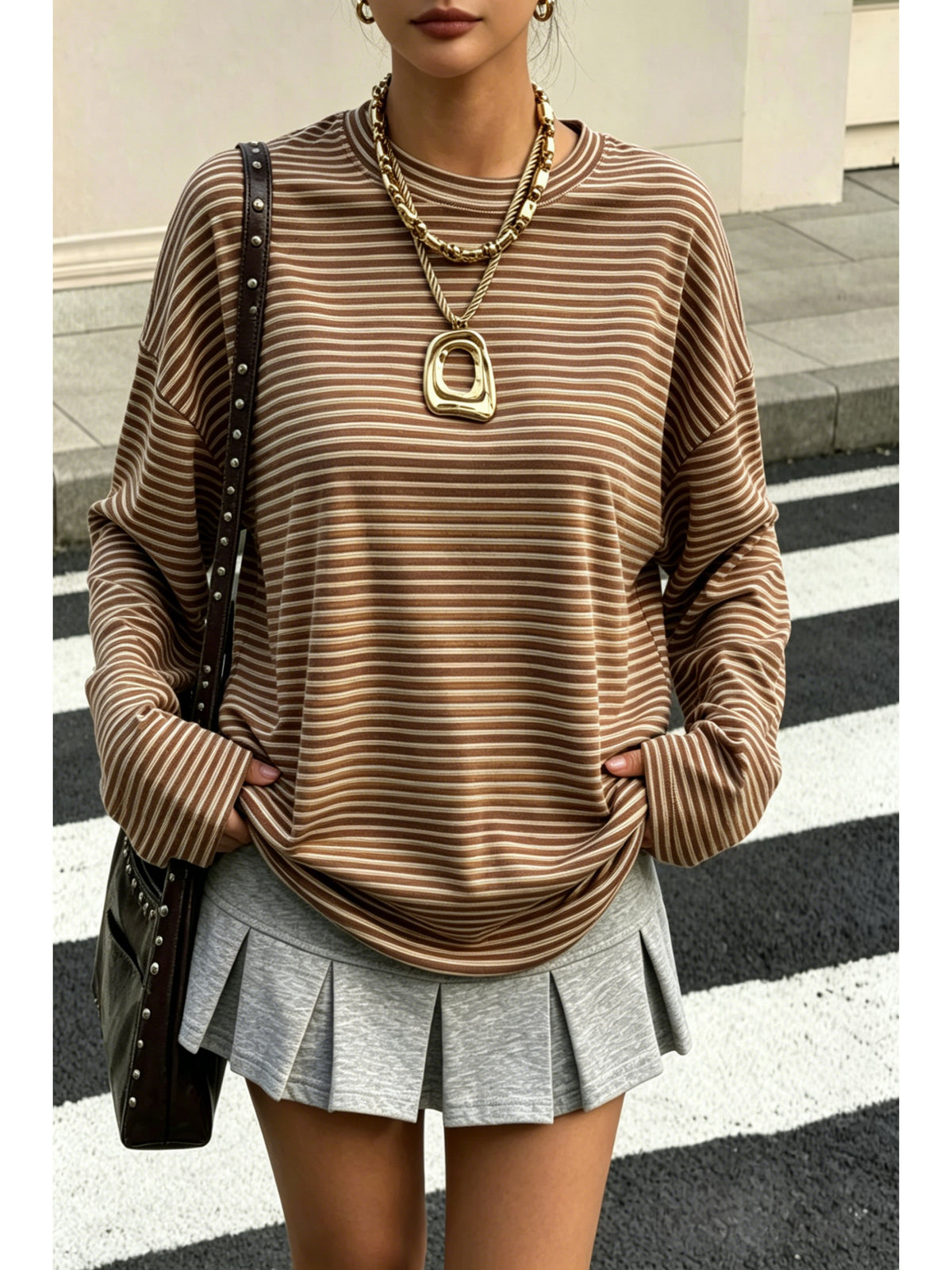 Top grande taille à rayures, coupe oversize, manches longues