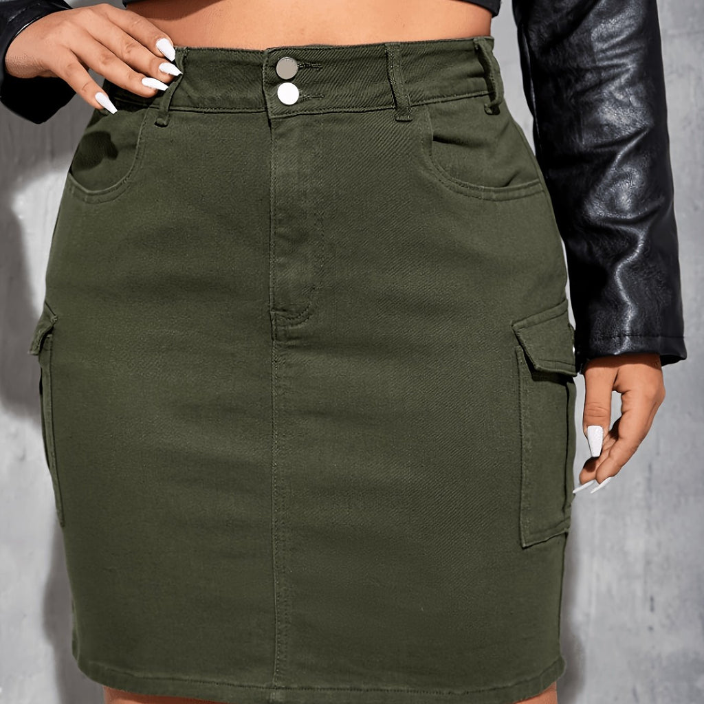 Jupe grande taille, poches pratiques, tenue franche — matière : denim