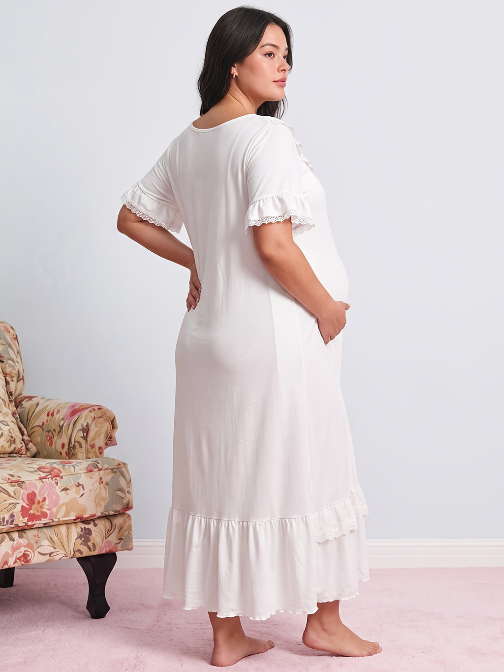 Chemise de nuit grande taille — Berthe de dentelle, ivoire