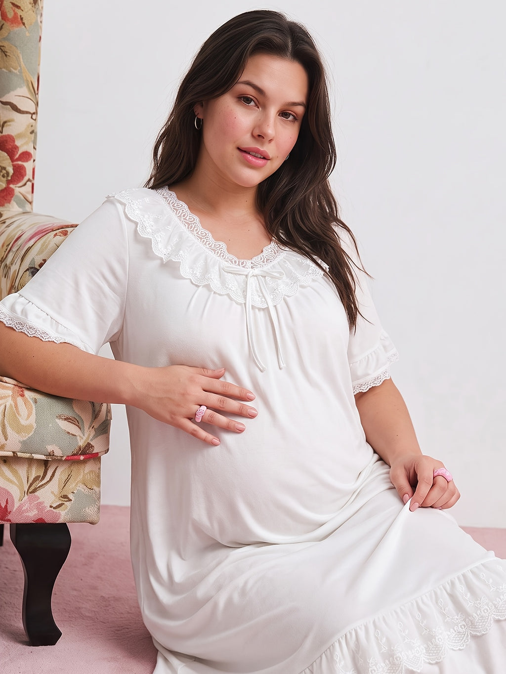 Chemise de nuit grande taille — Berthe de dentelle, ivoire