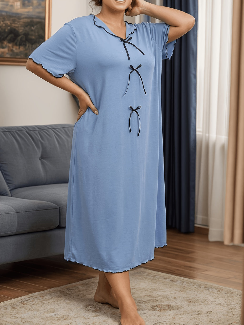 Chemise de nuit grande taille — Liseré ivoire et trois nœuds