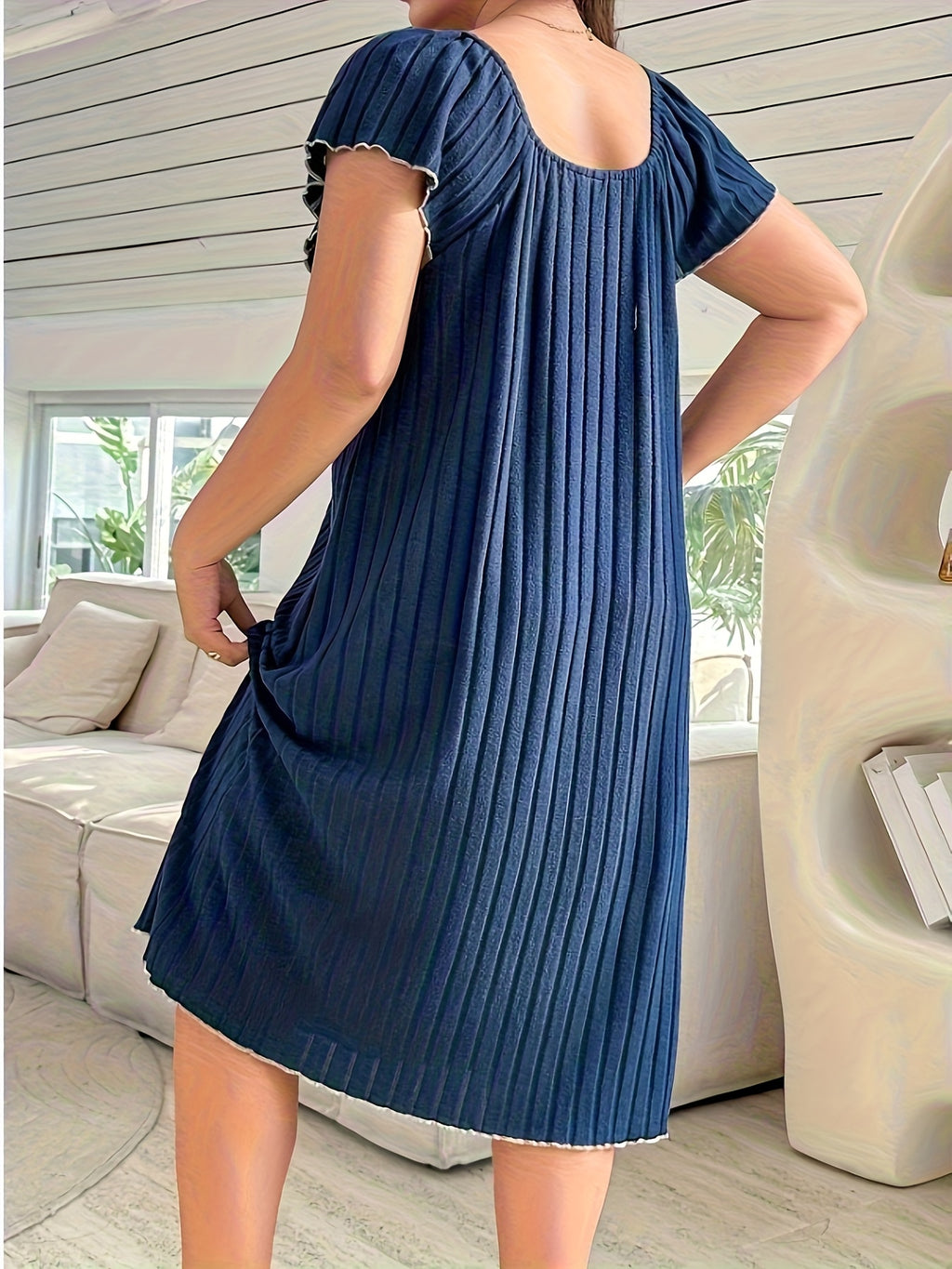Chemise de nuit grande taille — Bleu marine à galon de dentelle