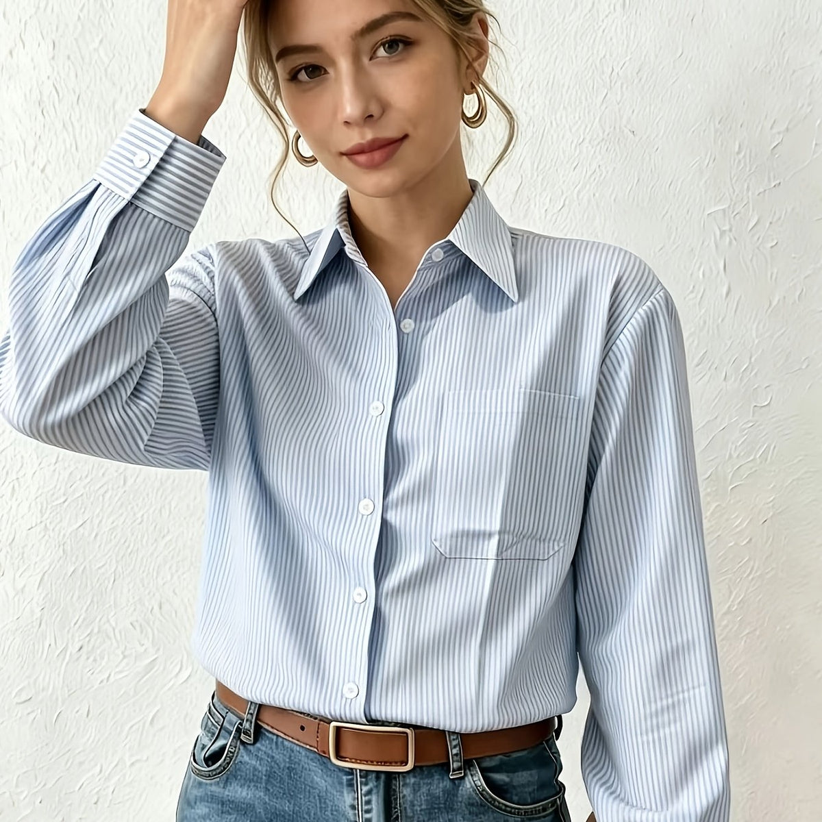 Chemise grande taille à rayures, coupe oversize, col à revers, manches longues — matière : polyester