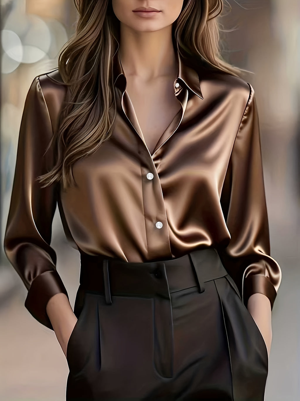 Chemisier grande taille en satin, coupe oversize, col à revers, boutonnage