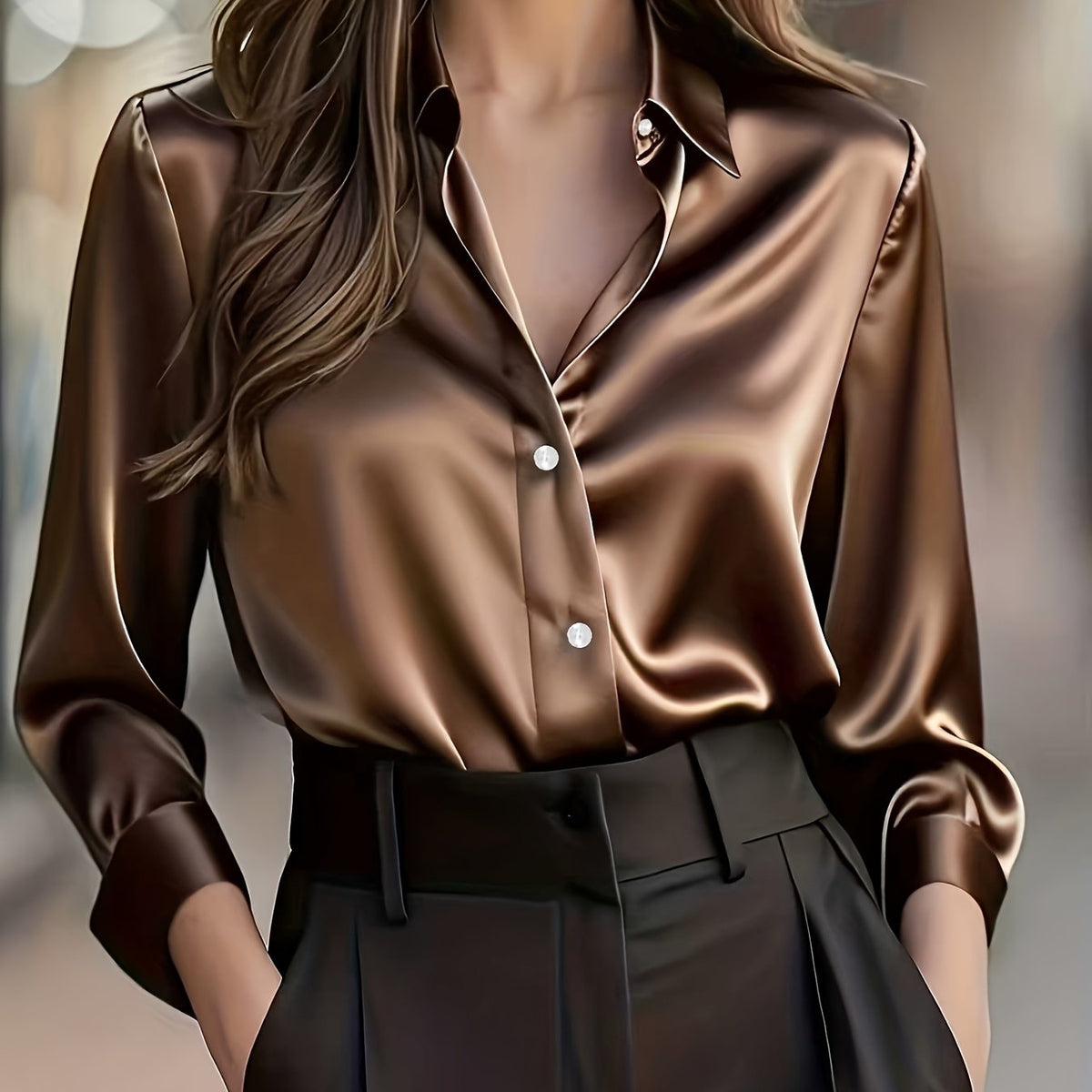 Chemisier grande taille en satin, coupe oversize, col à revers, boutonnage — matière : polyester