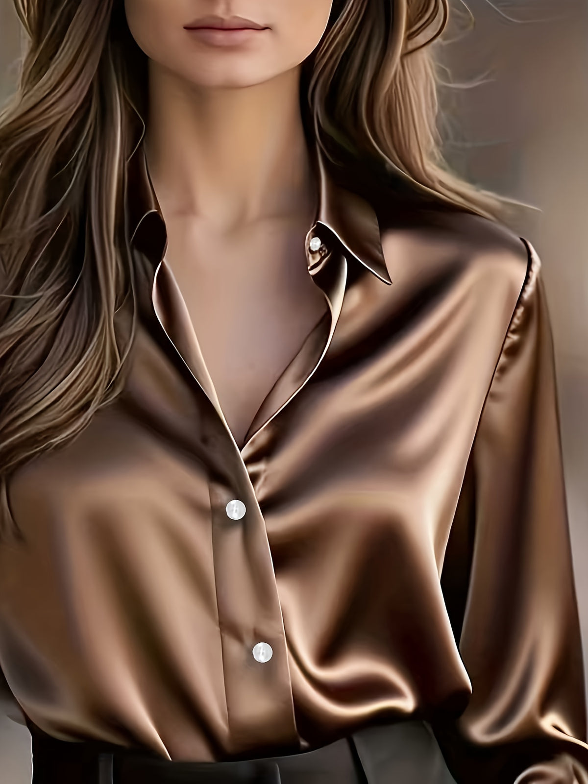 Chemisier grande taille en satin, coupe oversize, col à revers, boutonnage, tissu opaque